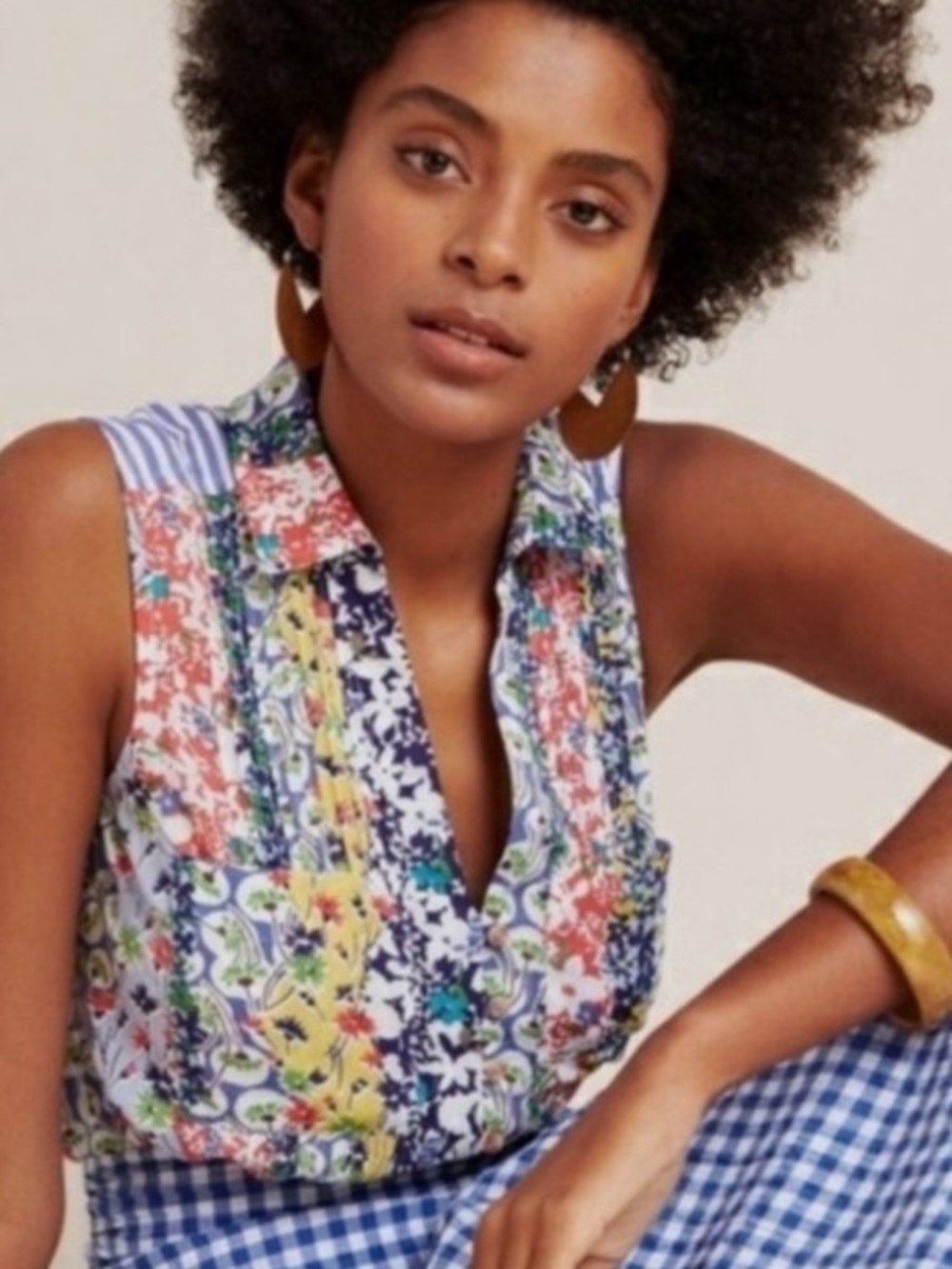 Anthropologie Maeve Sleeveless Patchwork Floral V-Neck Top - S Blue, Yellow,